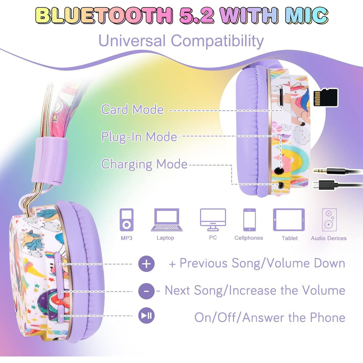 QearFun Unicorn Headphones offer Bluetooth, wired, memory card play options.