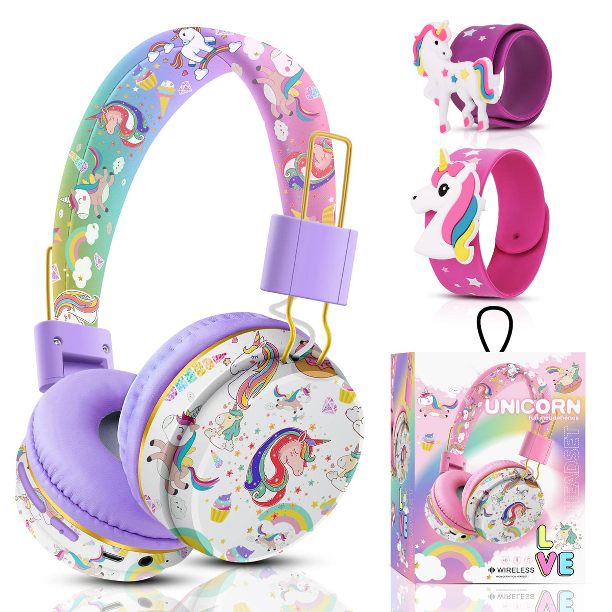 QearFun Unicorn Headphones in gift box, perfect for birthdays.