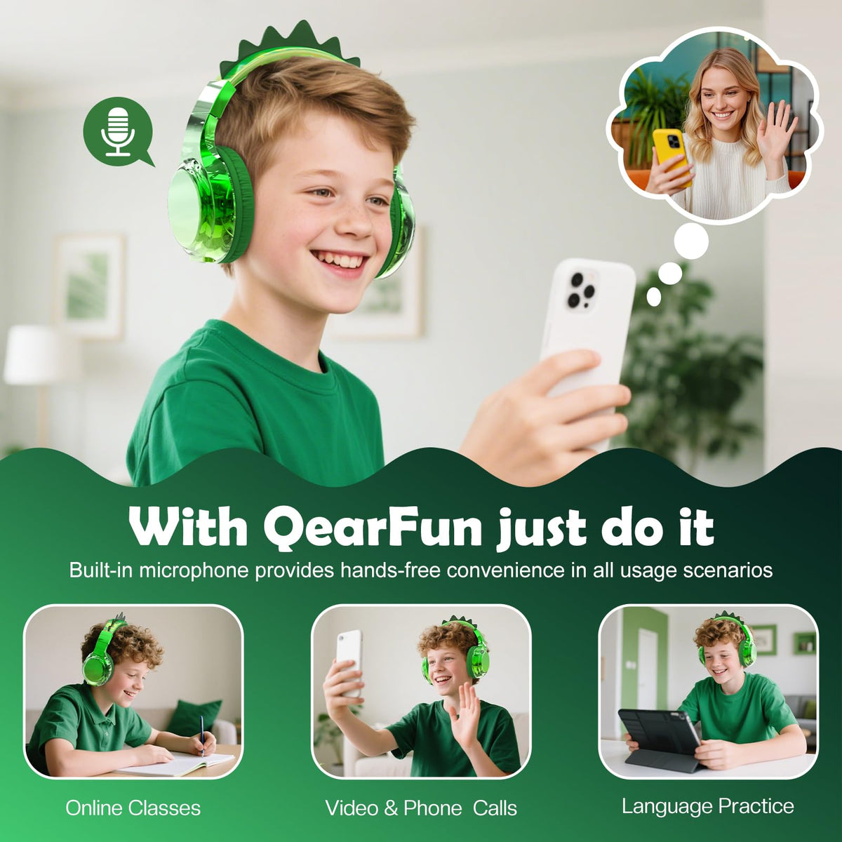 QearFun Kids Dinosaur headphones offer sixty hours of wireless playtime