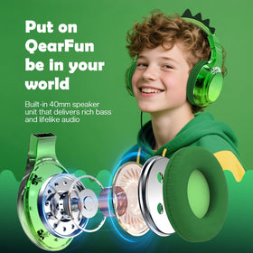 QearFun Kids Dinosaur headphones unicorn horn design for imaginative listening on the go