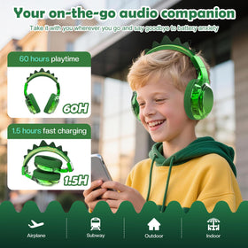 QearFun Kids Dinosaur headphones wired mode with 3.5 mm cable