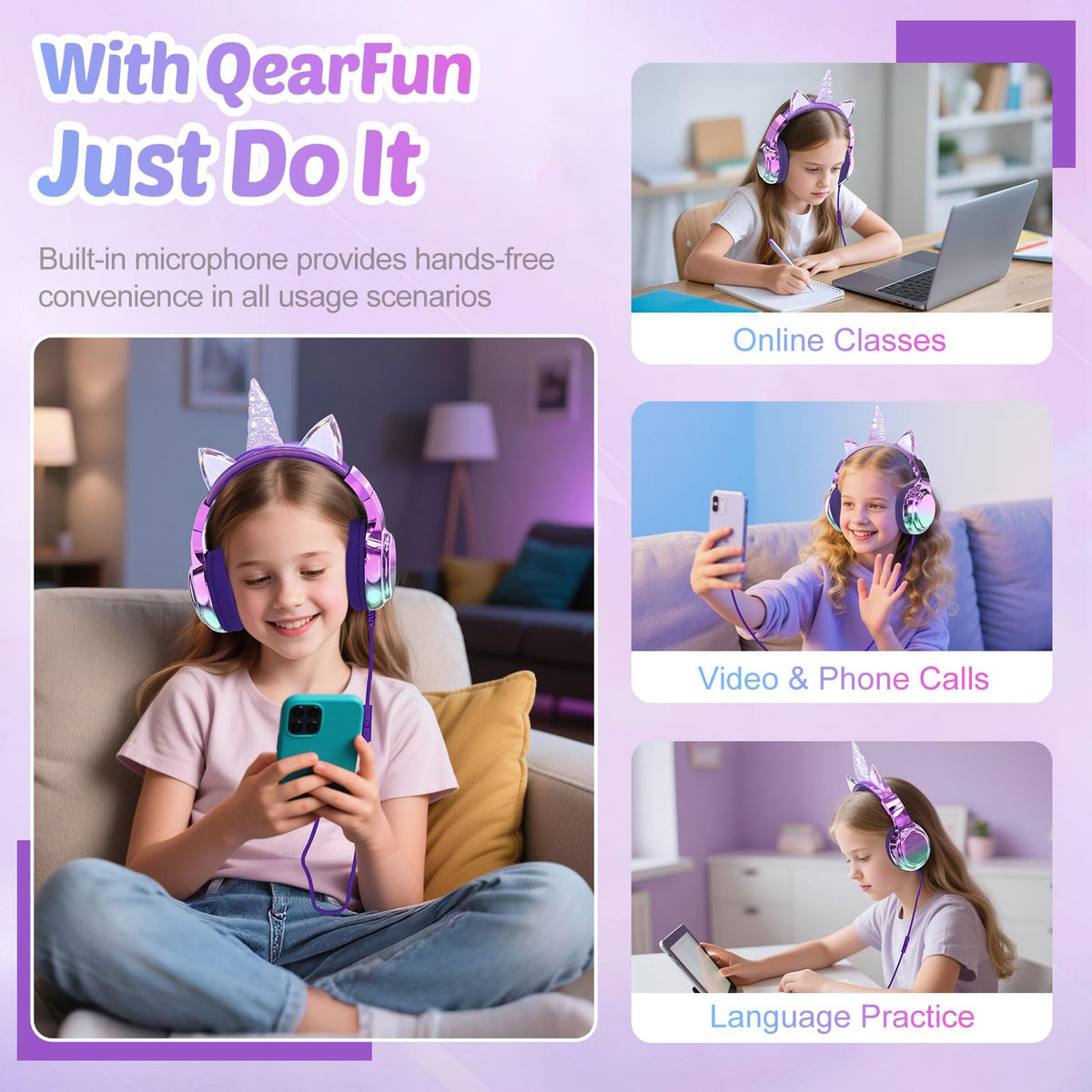 QearFun Cat Ears Headphones front view; playful learning accessory