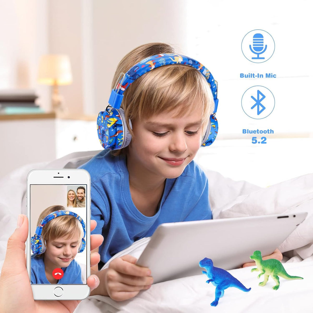 QearFun dinosaur headphones folded compact for travel and storage