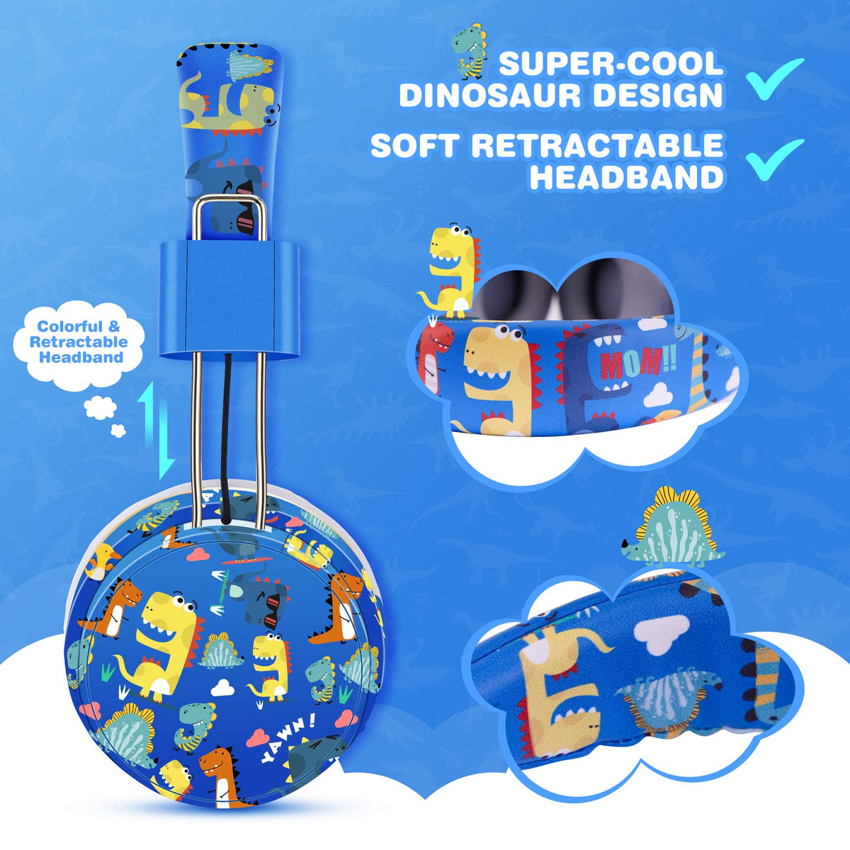 QearFun dinosaur headphones side profile highlighting adjustable headband