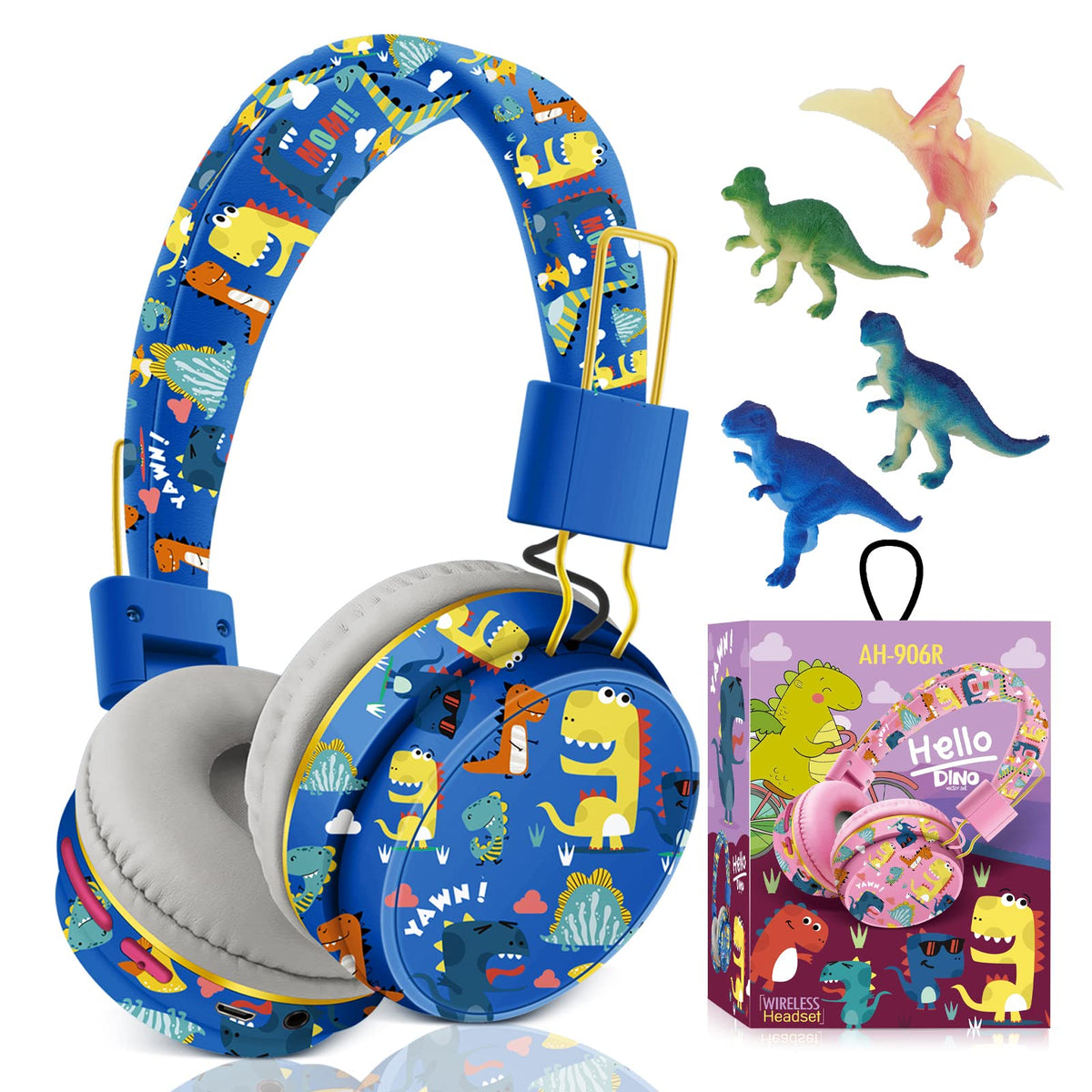 QearFun dinosaur headphones unboxed showing vibrant design and safety features