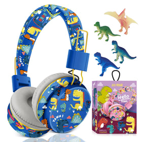 QearFun dinosaur headphones unboxed showing vibrant design and safety features