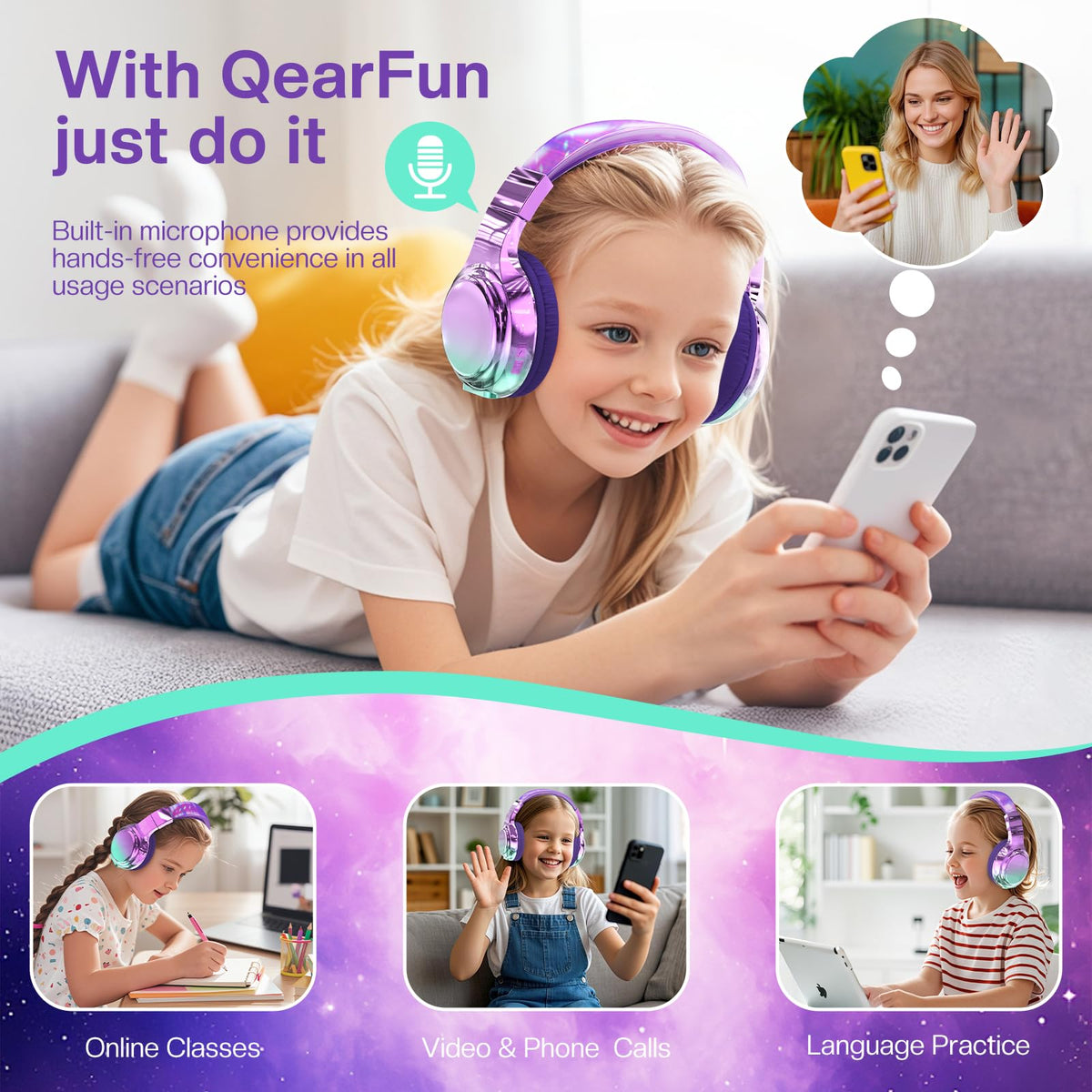 QearFun Kids headphones 60h playtime highlight long school days and travel.
