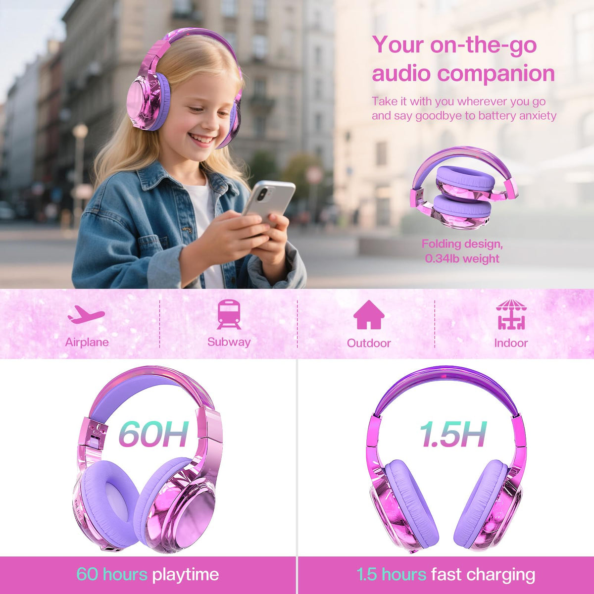 QearFun Unicorn Pink headphones feature bold design for daily rides and study.