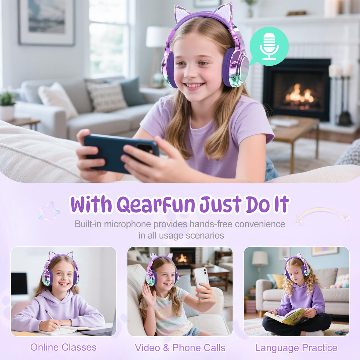 QearFun kids cat-ear headphones include 3-level volume limits for safe listening.