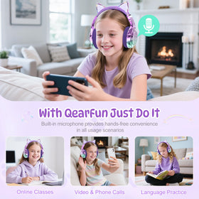QearFun kids cat-ear headphones include 3-level volume limits for safe listening.