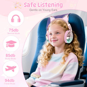 QearFun Kids Cat Ear headphones with glittery ears for fun learning sessions