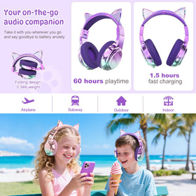 QearFun kids cat-ear headphones with unicorn style colorful gradient finish for imaginative listening.