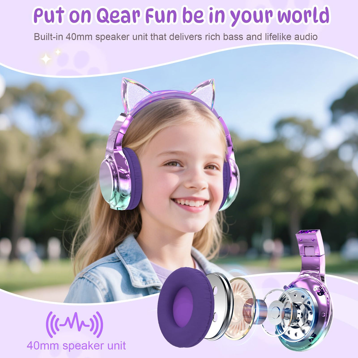 QearFun kids cat-ear headphones wired mode for instant use without charge.