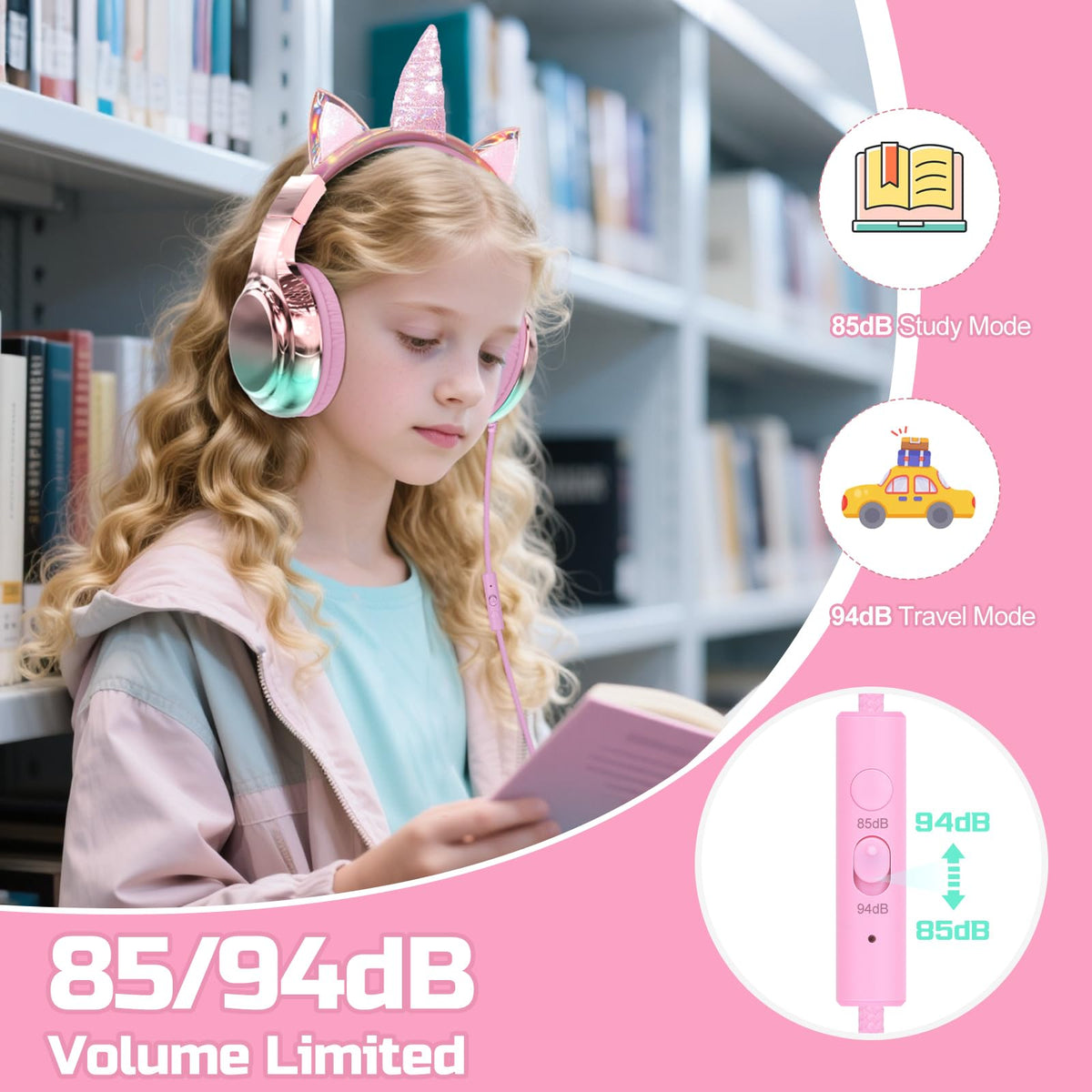 QearFun kids dino headphones with mic for online classes.