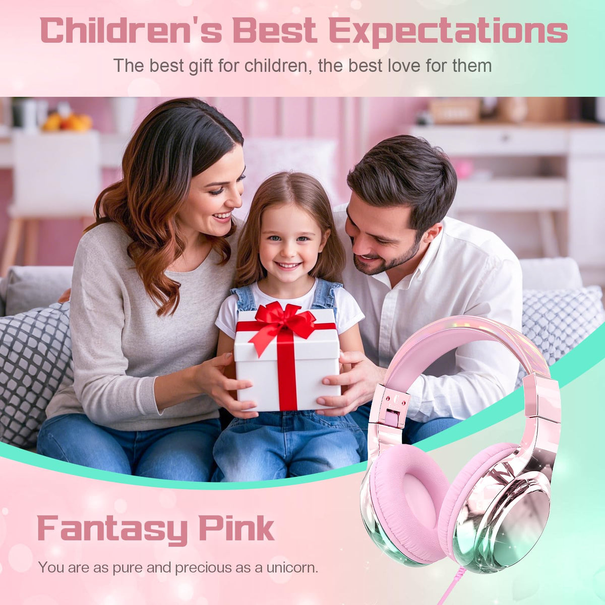 QearFun kids headphones with rainbow headband for comfortable all day wear
