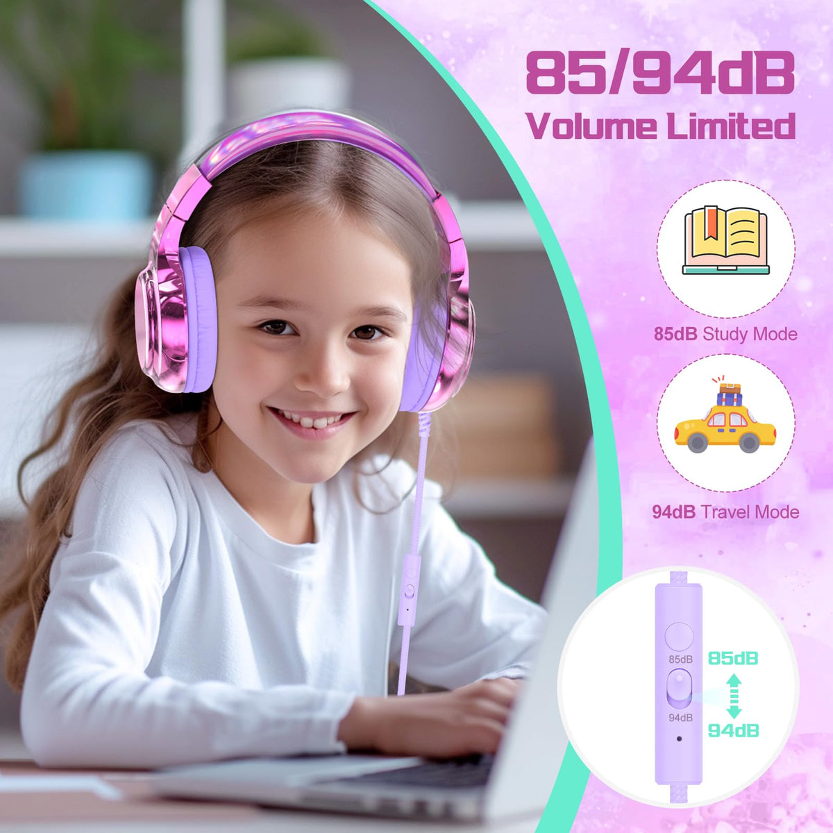 QearFun volume limit switch (85-94dB) offers flexible listening in busy environments.