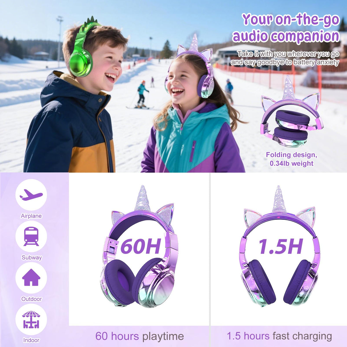 QearFun Kids Unicorn Headphones folded for compact storage.