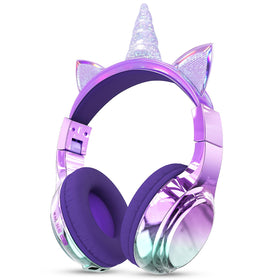 QearFun Kids Unicorn Headphones front view with gradient finish for travel.
