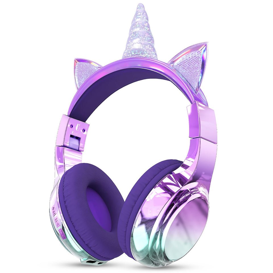 QearFun Kids Unicorn Headphones front view with gradient finish for travel.
