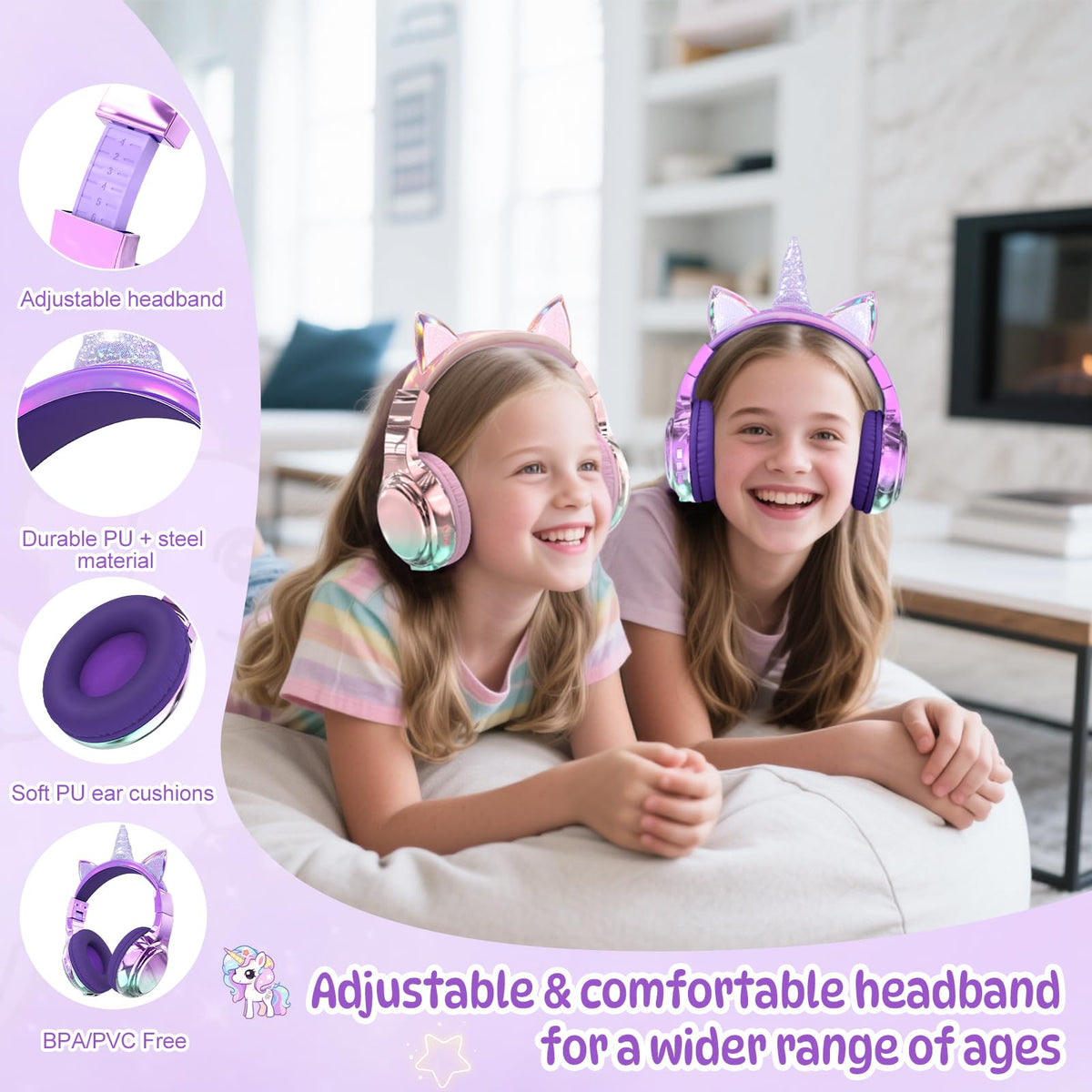QearFun Kids Unicorn Headphones gradient finish for playful style.