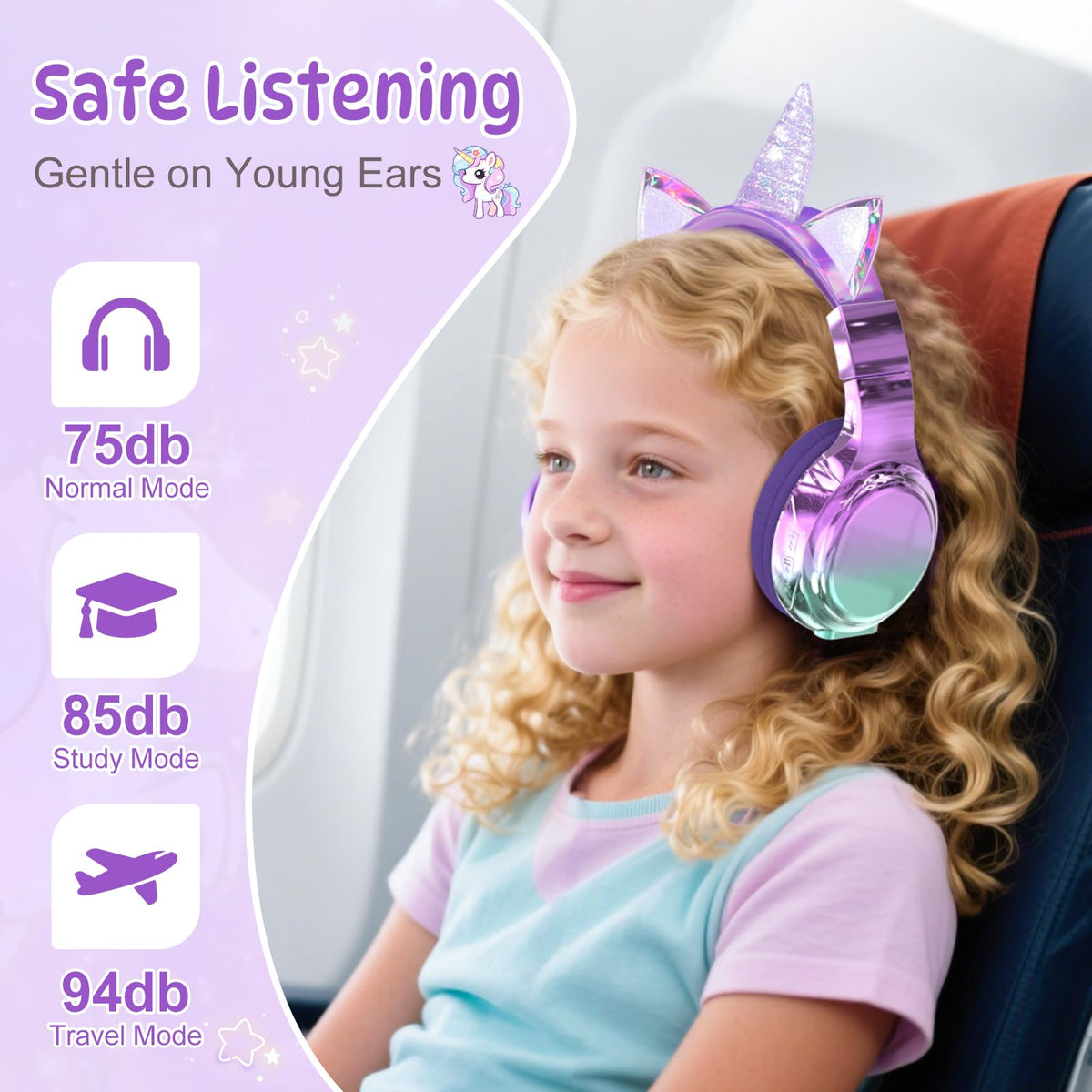 QearFun Kids Unicorn Headphones side view showing foldable portability.