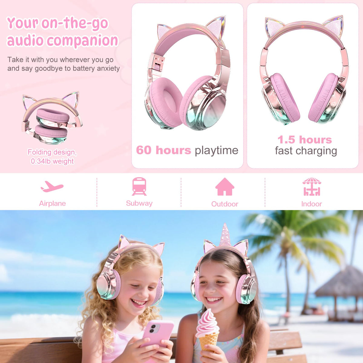 QearFun Kids Unicorn headphones with sparkly horn for storytelling and music