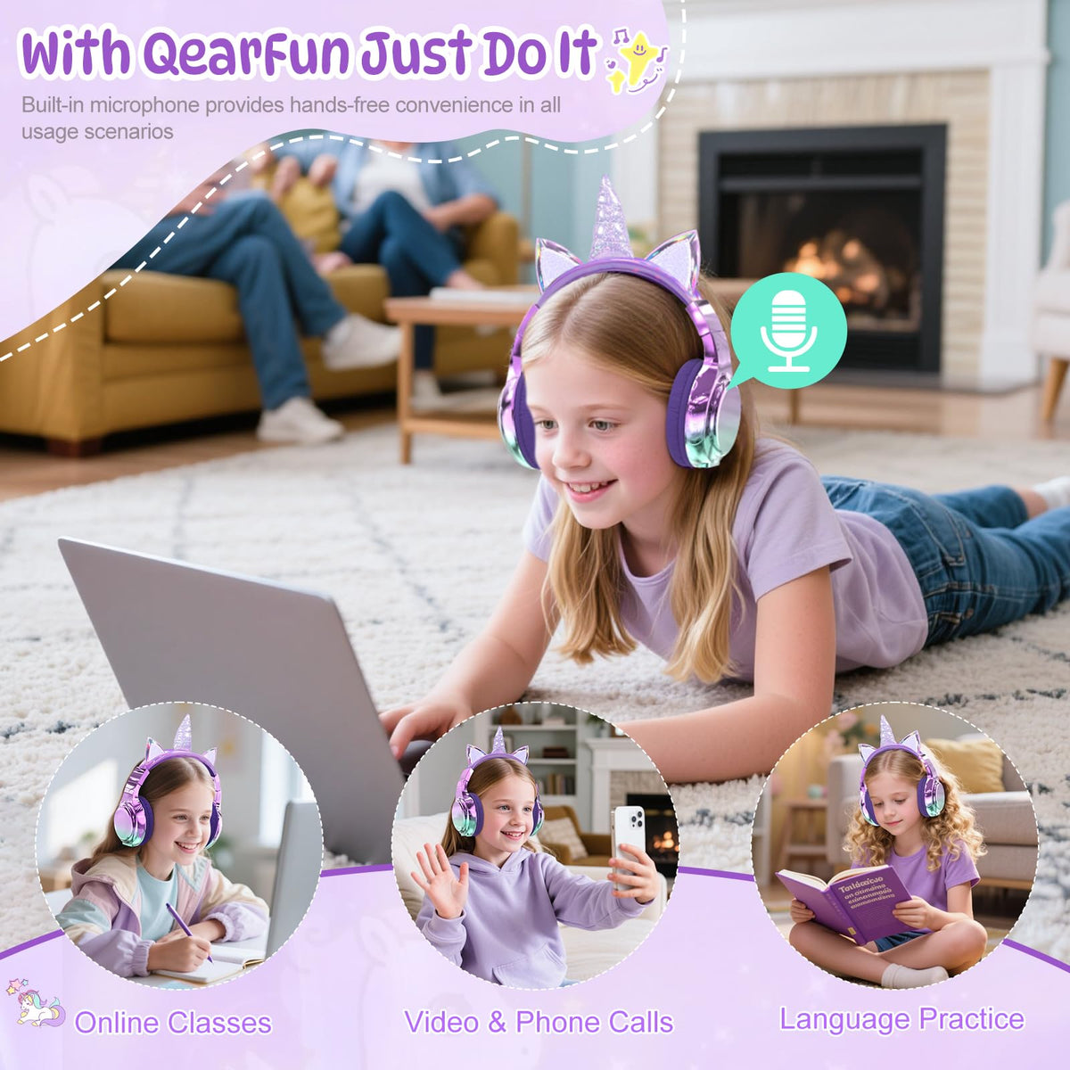 QearFun Kids Unicorn Headphones 3-level volume button in use.