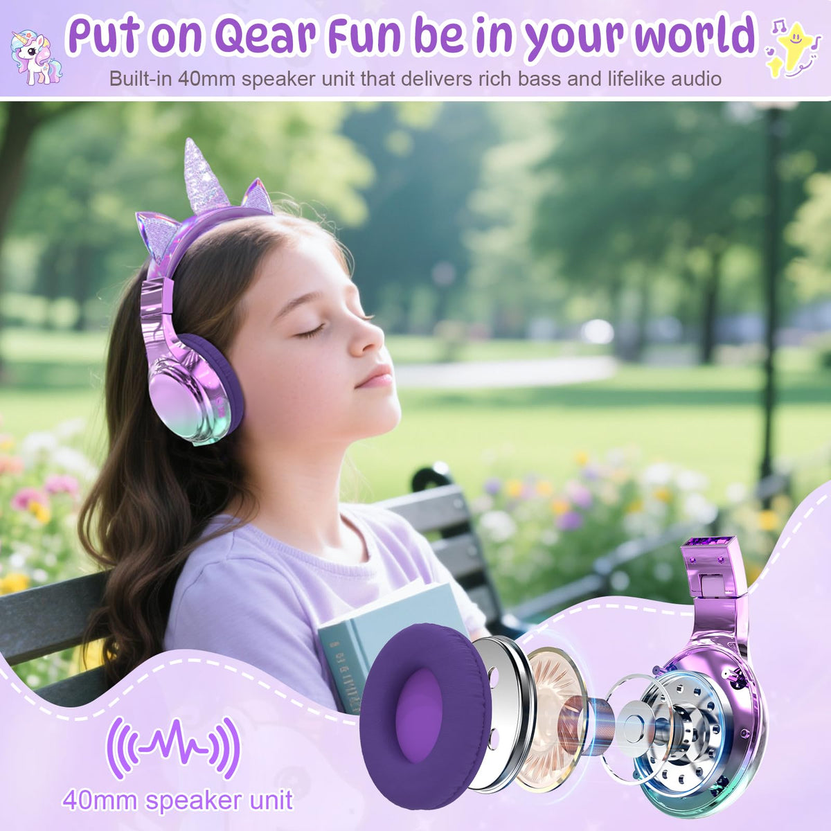 QearFun Kids Unicorn Headphones wired mode cable for uninterrupted listening.