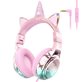 QearFun kids unicorn headphones with mic for immersive learning.