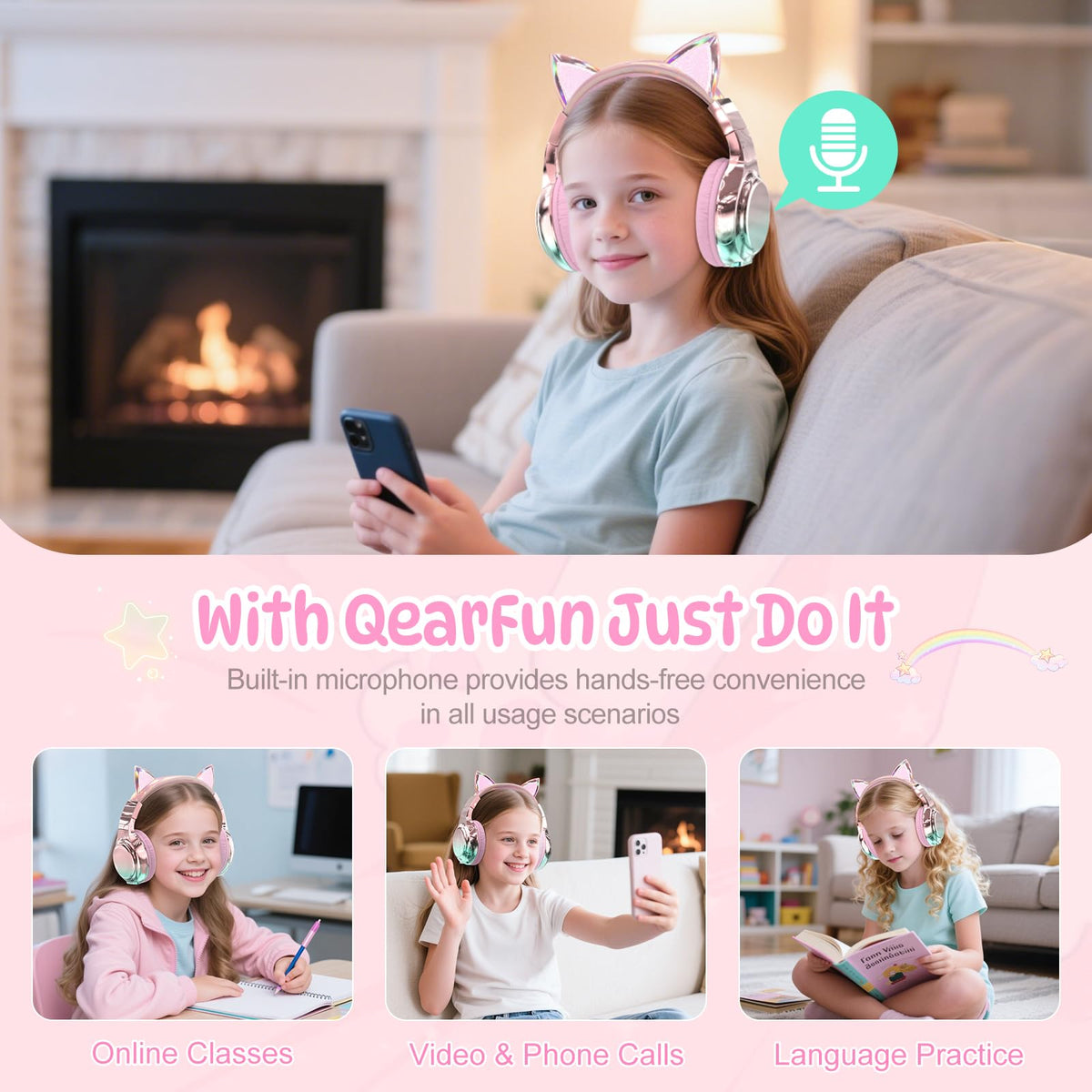 QearFun parent-controlled volume with 74/85/94dB settings for safer listening