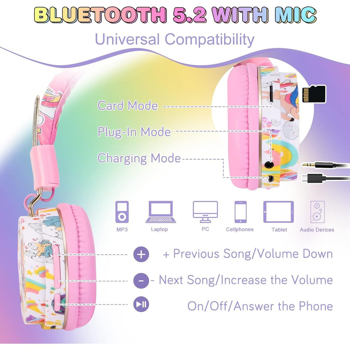 QearFun Unicorn headphones folded compact for backpack portability