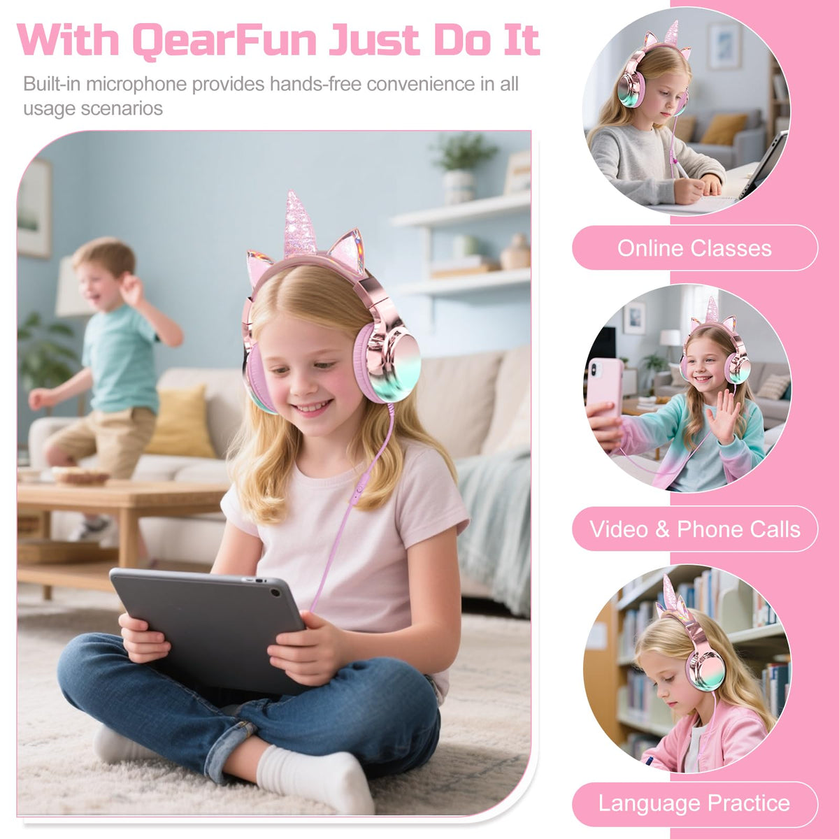 QearFun unicorn headphones gradient pink finish for vibrant style.