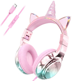 QearFun unicorn headphones with horn ears for kids' school and travel