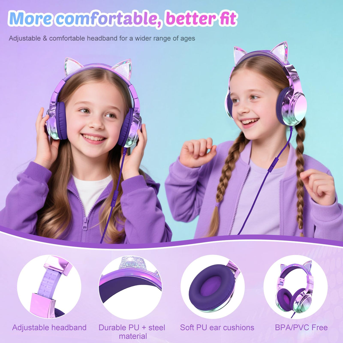 QearFun USB-C kids headphones compatible with tablets and laptops