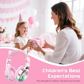 QearFun kids cat ear headphones cat design with glittery ears for school or video calls.