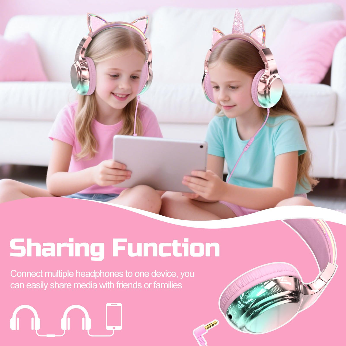 QearFun kids cat ear headphones foldable design for easy backpack travel.