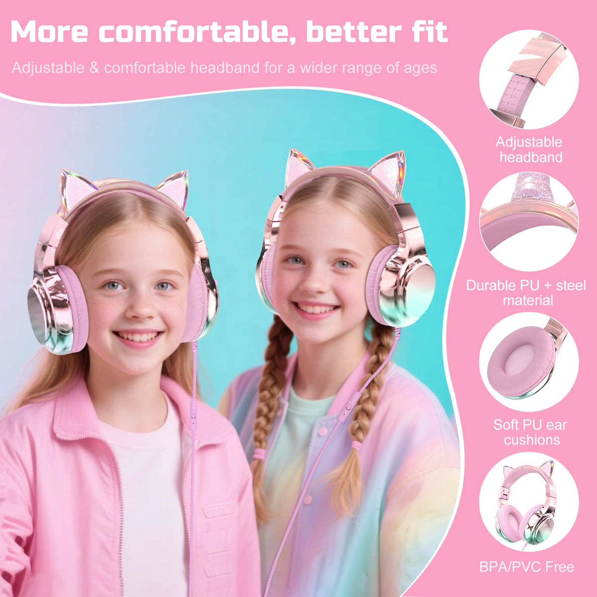 QearFun kids cat ear headphones gradient finish in green, purple, or pink.