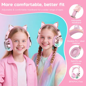QearFun kids cat ear headphones gradient finish in green, purple, or pink.