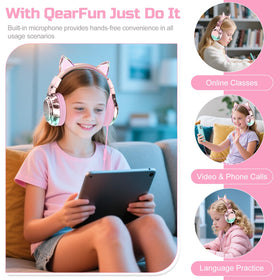 QearFun kids cat ear headphones sharing port enables two kids to listen together.