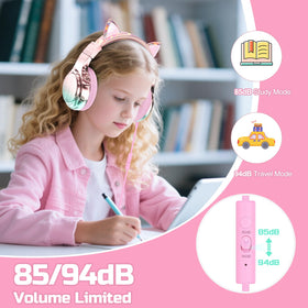QearFun kids cat ear headphones unicorn design with sparkly horn for imaginative listening.