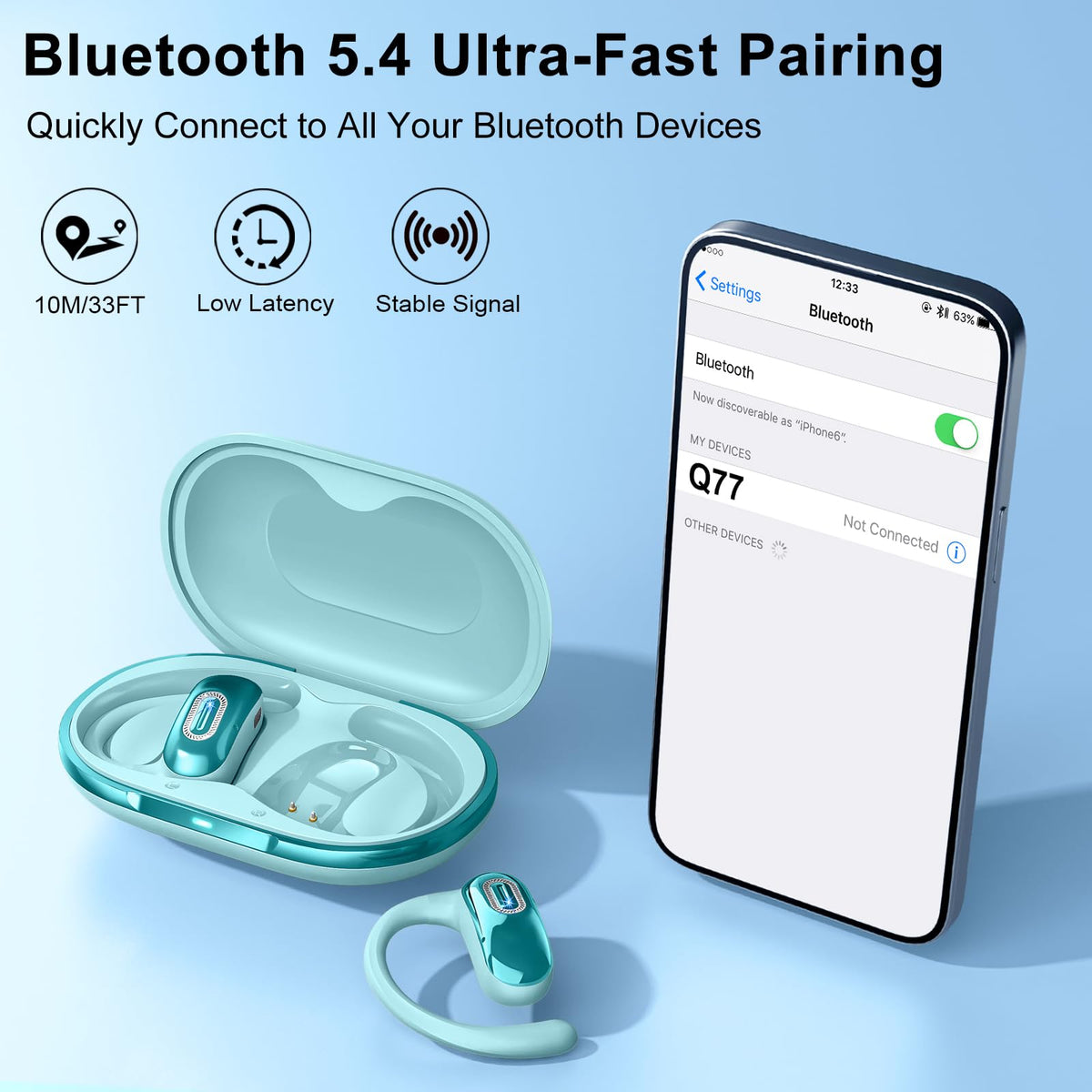 Qecnato Bluetooth 5.4 connection close-up for stable streaming and calls.