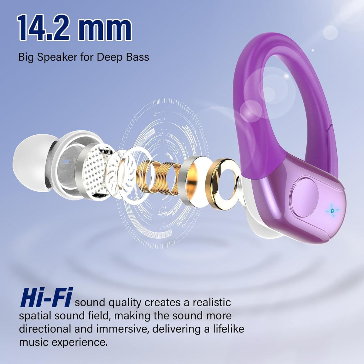 Qecnato earbud close-up revealing 14.2mm driver for rich sound