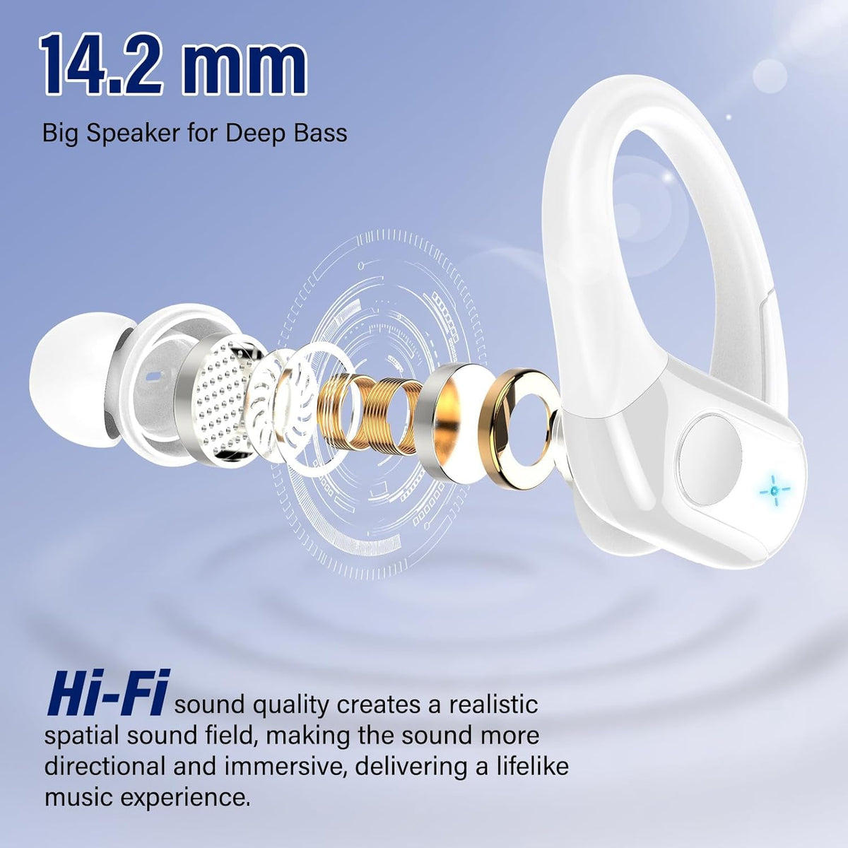 qecnato earbud close-up of 14.2mm driver for richer sound