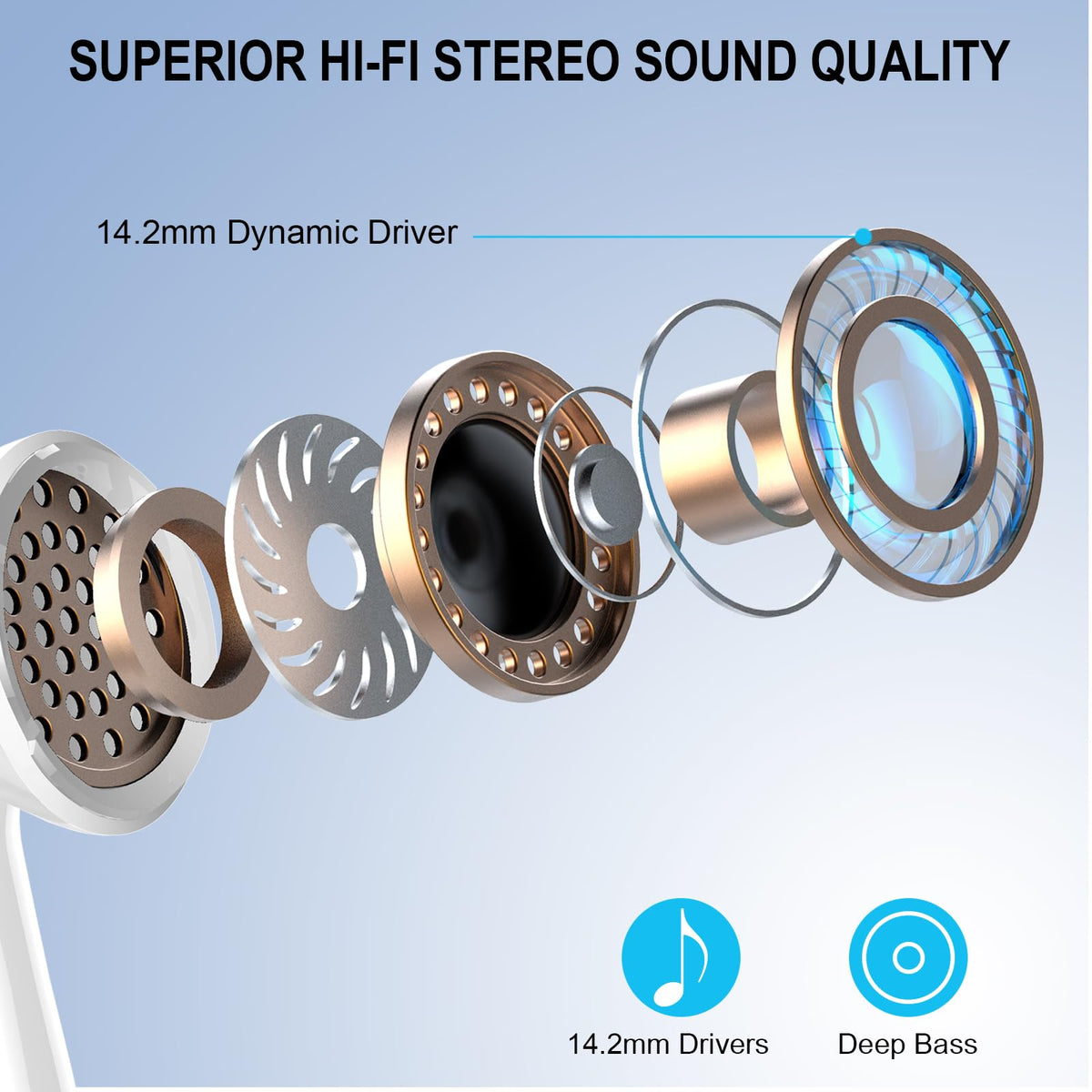 Qecnato earbud close-up showing titanium driver detail for better sound