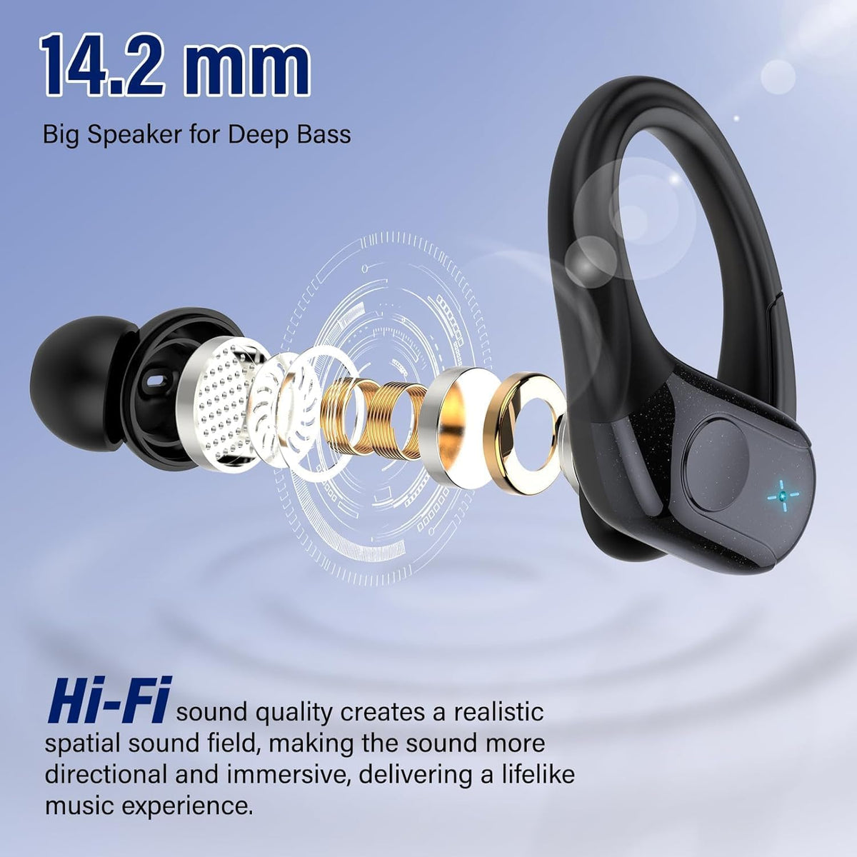 Qecnato earbud close-up showing 14.2mm driver for richer bass and clearer audio