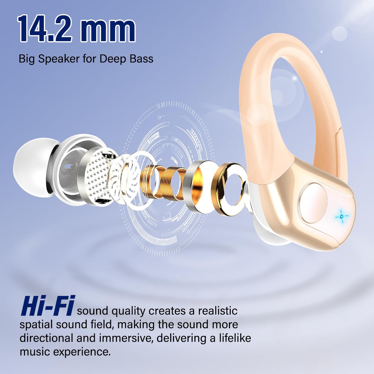 Qecnato driver close-up revealing 14.2mm speaker for fuller bass and clarity