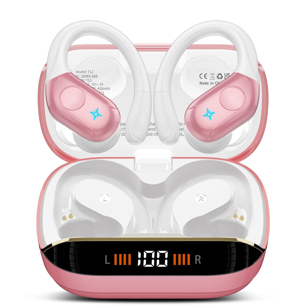 Qecnato front view of pink case and earbuds showing sleek design and portability