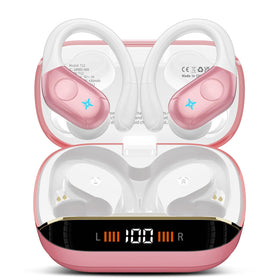 Qecnato front view of pink case and earbuds showing sleek design and portability