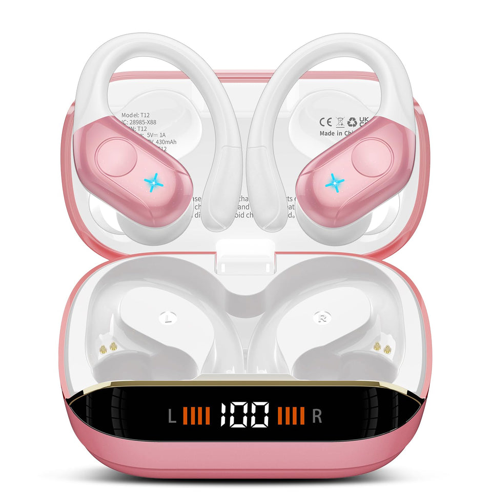 Qecnato front view of pink case and earbuds showing sleek design and portability