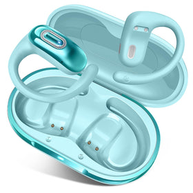 Qecnato open-ear headphones in blue angle view, designed for all-day comfort during workouts.